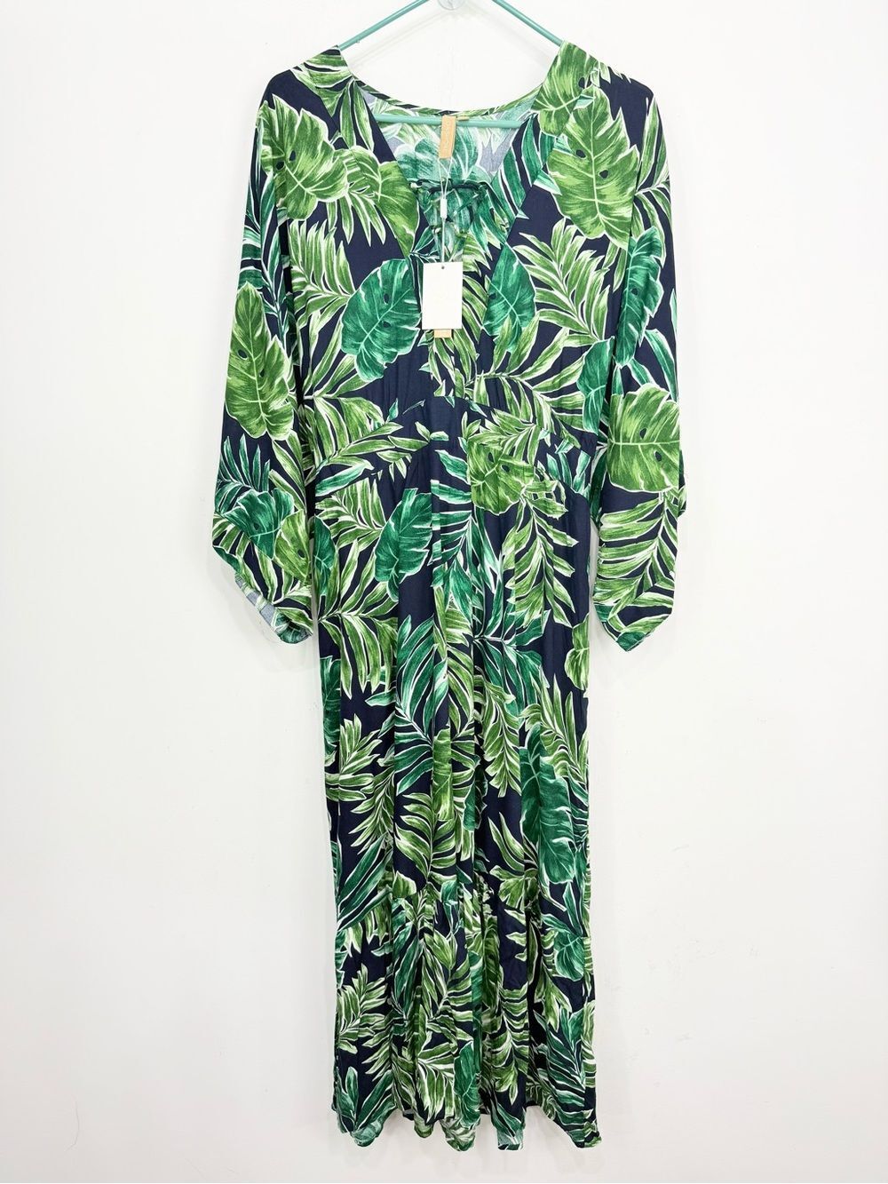 On Shore Green Tropical Leaf Print Cinch Waist Resort Wear Beach Maxi Dress NEW